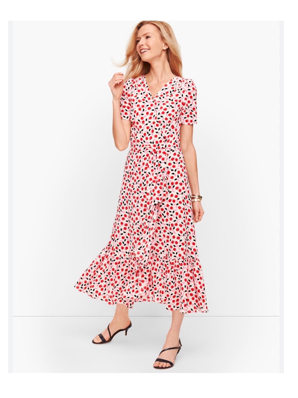 TALBOTS Cascade Wrap Dress Floral Tulip Flowers Flowy 10 V Neck Faux Wrap Spring